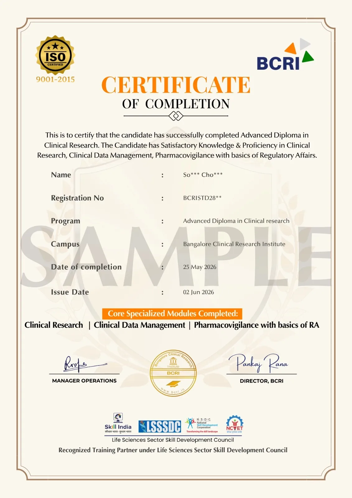 Sample BCRI Certificate of Completion — Advanced Diploma in Clinical Research; modules Clinical Research, Clinical Data Management and Pharmacovigilance with basics of RA; ISO 9001:2015, Skill India, LSSSDC, NSDC and NCVET marks