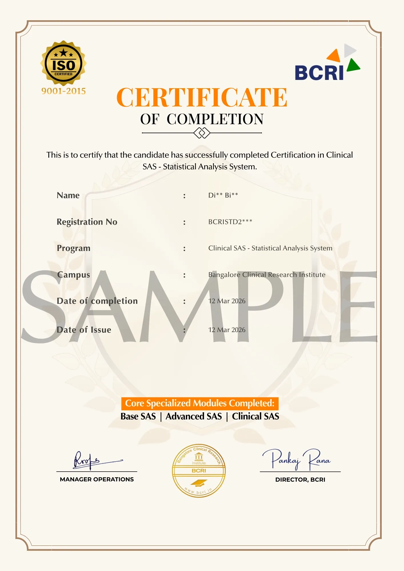 Sample BCRI Certificate of Completion — Certification in Clinical SAS (Statistical Analysis System); modules Base SAS, Advanced SAS and Clinical SAS; ISO 9001:2015 mark