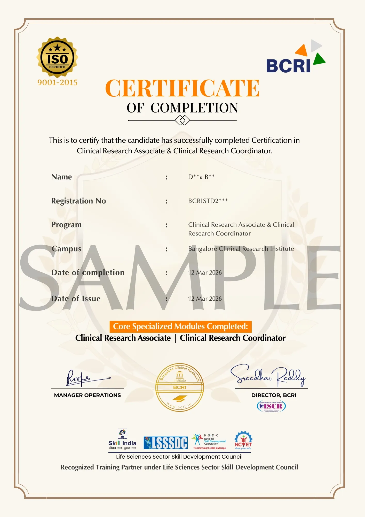 Sample BCRI Certificate of Completion — Certification in Clinical Research Associate & Clinical Research Coordinator; modules CRA and CRC; ISO 9001:2015, ISCR, Skill India, LSSSDC, NSDC and NCVET marks