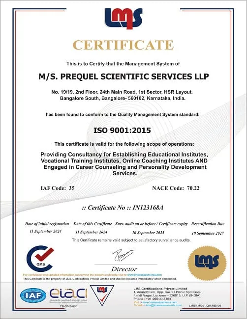 ISO 9001:2015 certified — certificate of Prequel Scientific Services LLP