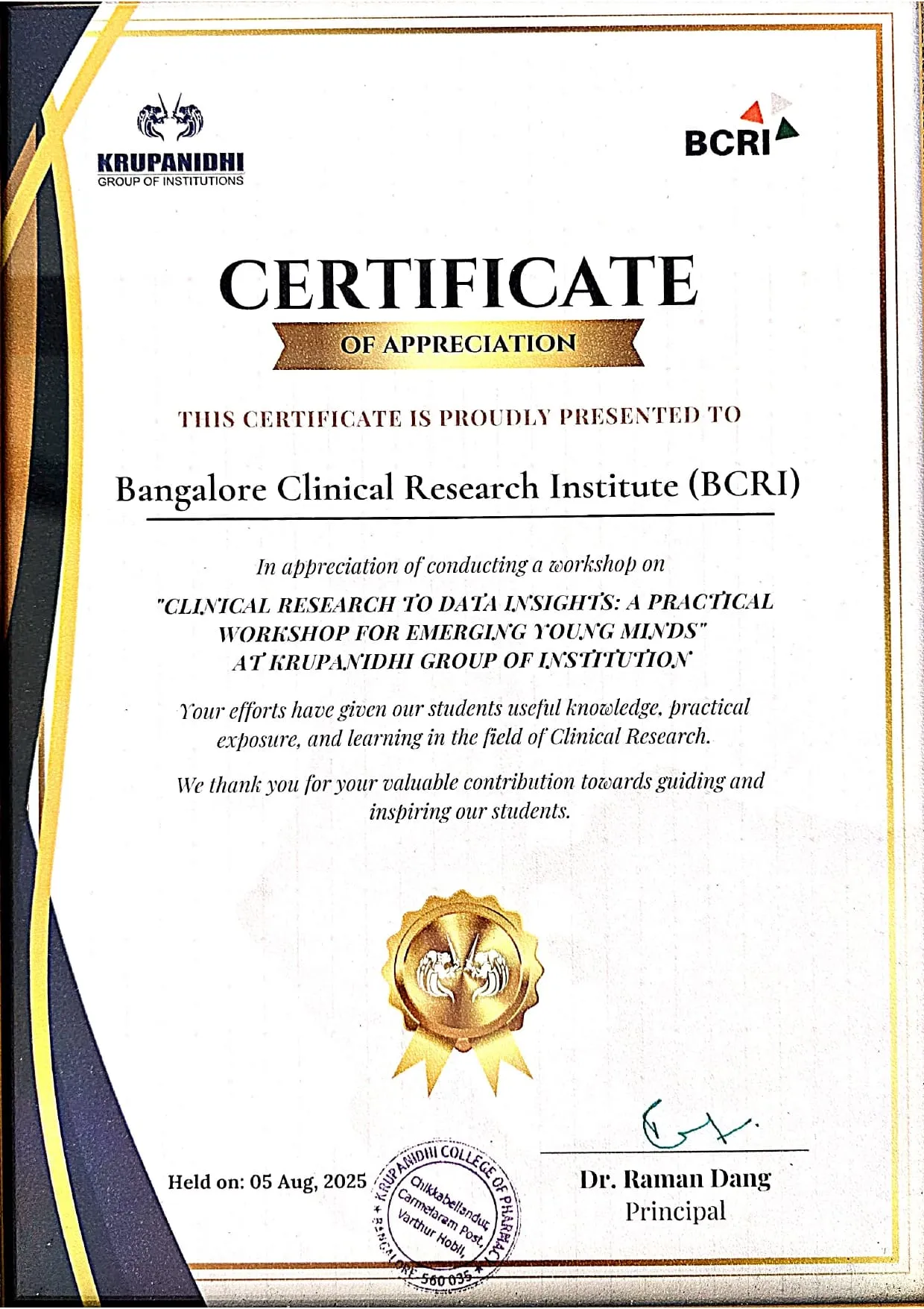 Certificate of appreciation to BCRI from Krupanidhi College of Pharmacy (Krupanidhi Group of Institutions)