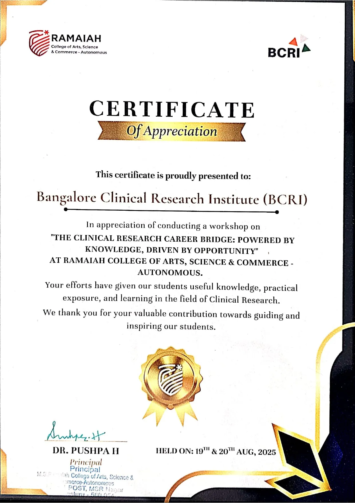 Certificate of appreciation to BCRI from Ramaiah College of Arts, Science & Commerce (Autonomous)