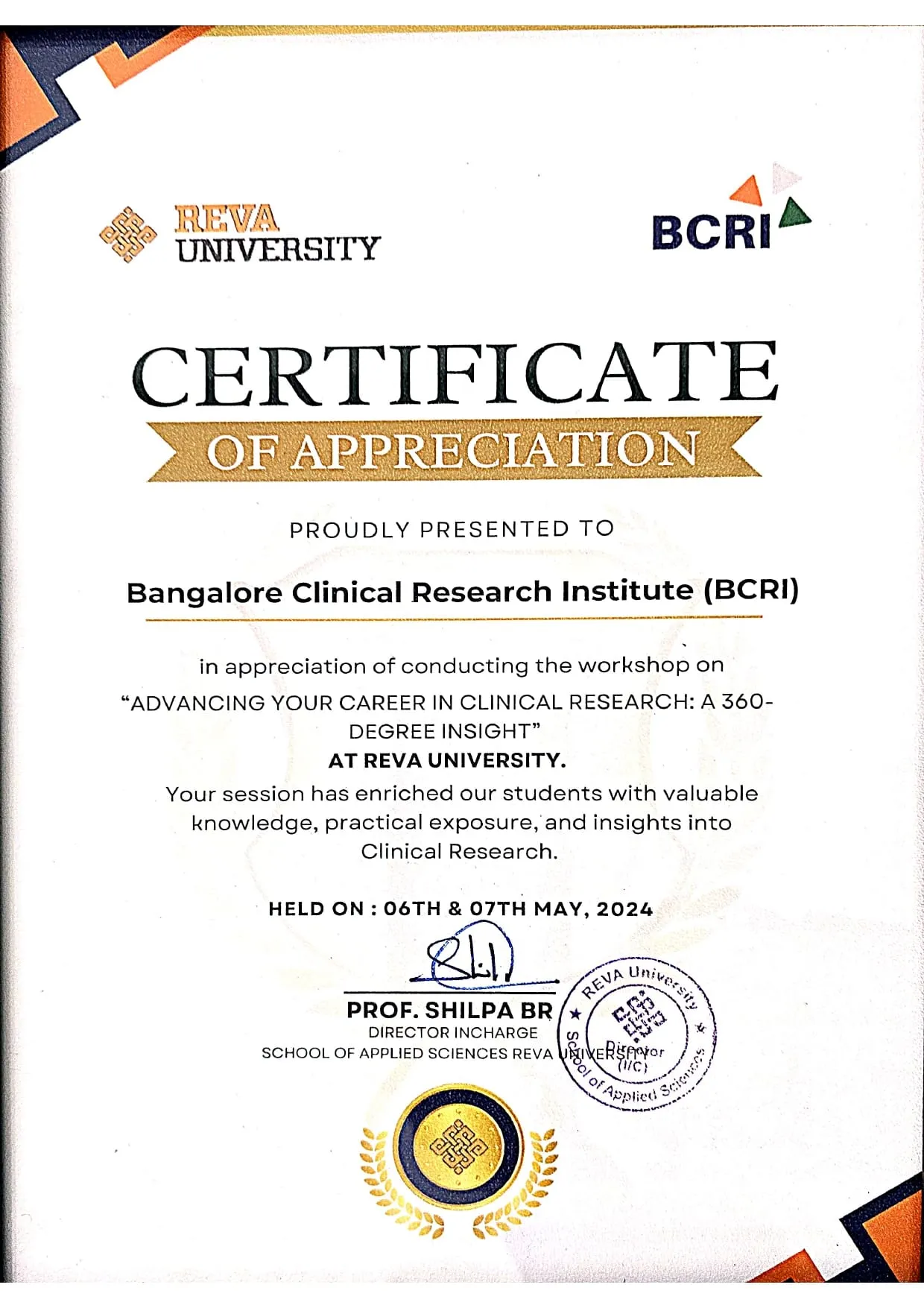 Certificate of appreciation to BCRI from REVA University, School of Applied Sciences