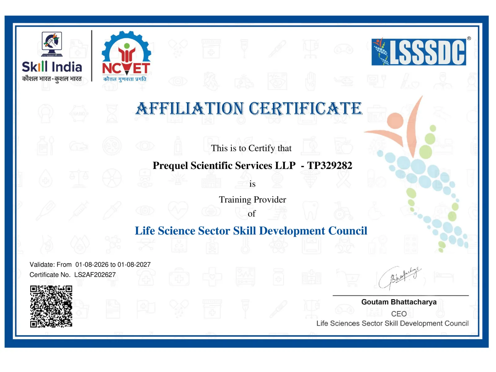 LSSSDC affiliated training provider — certificate of Prequel Scientific Services LLP