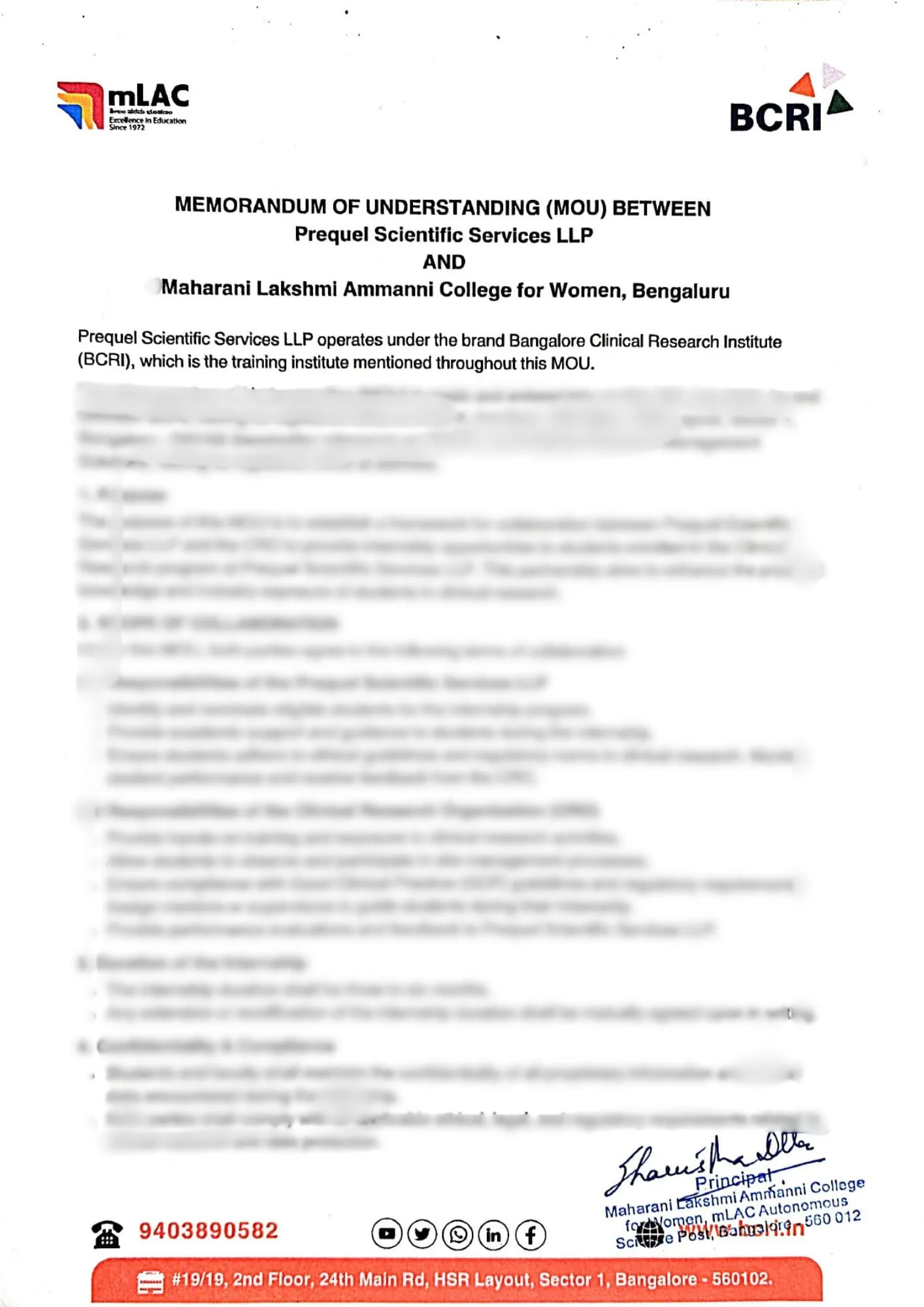 MoU between Prequel Scientific Services LLP (BCRI) and Maharani Lakshmi Ammanni College for Women (mLAC), terms blurred