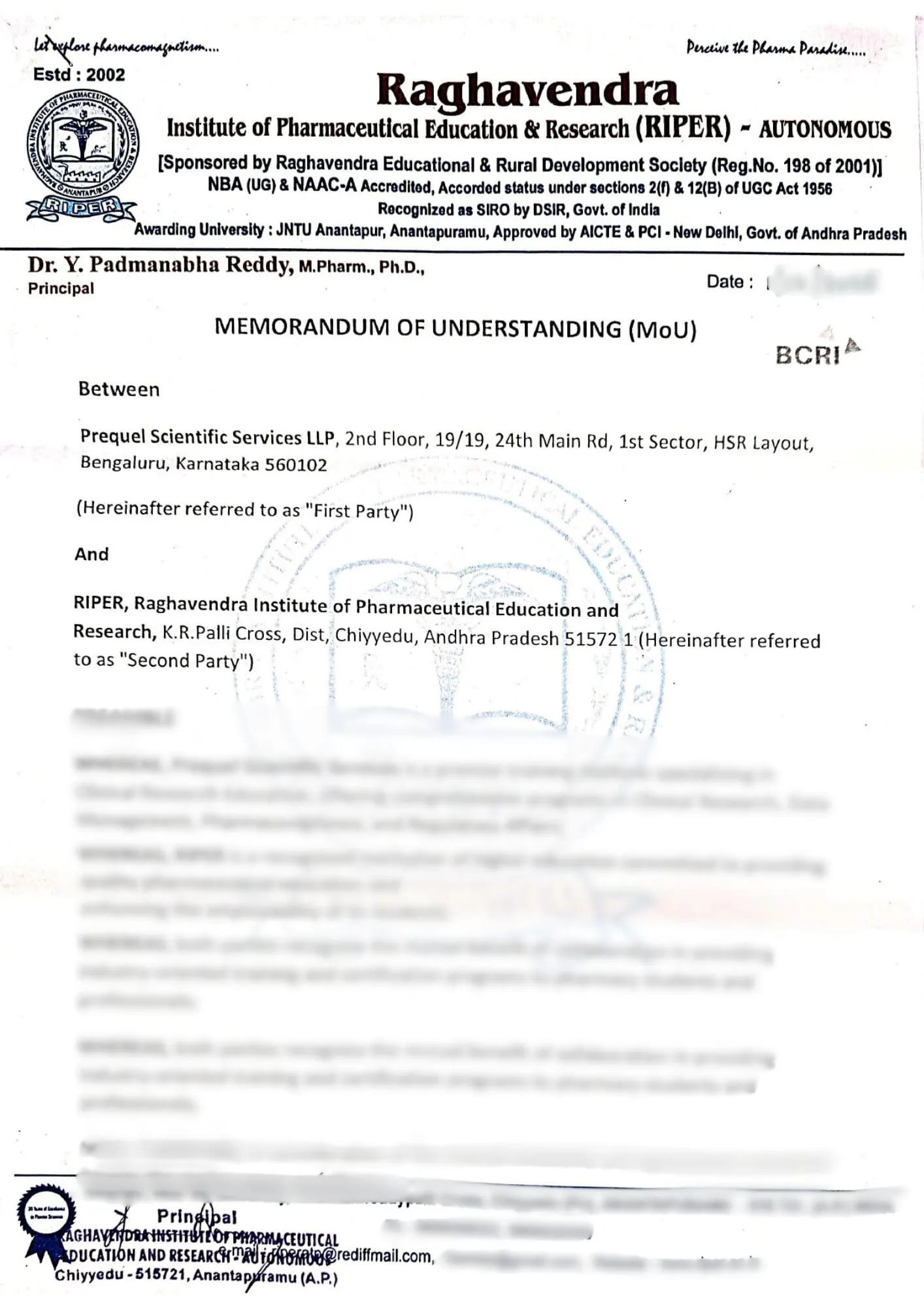 MoU between Prequel Scientific Services LLP (BCRI) and RIPER — Raghavendra Institute of Pharmaceutical Education & Research (Autonomous), terms blurred