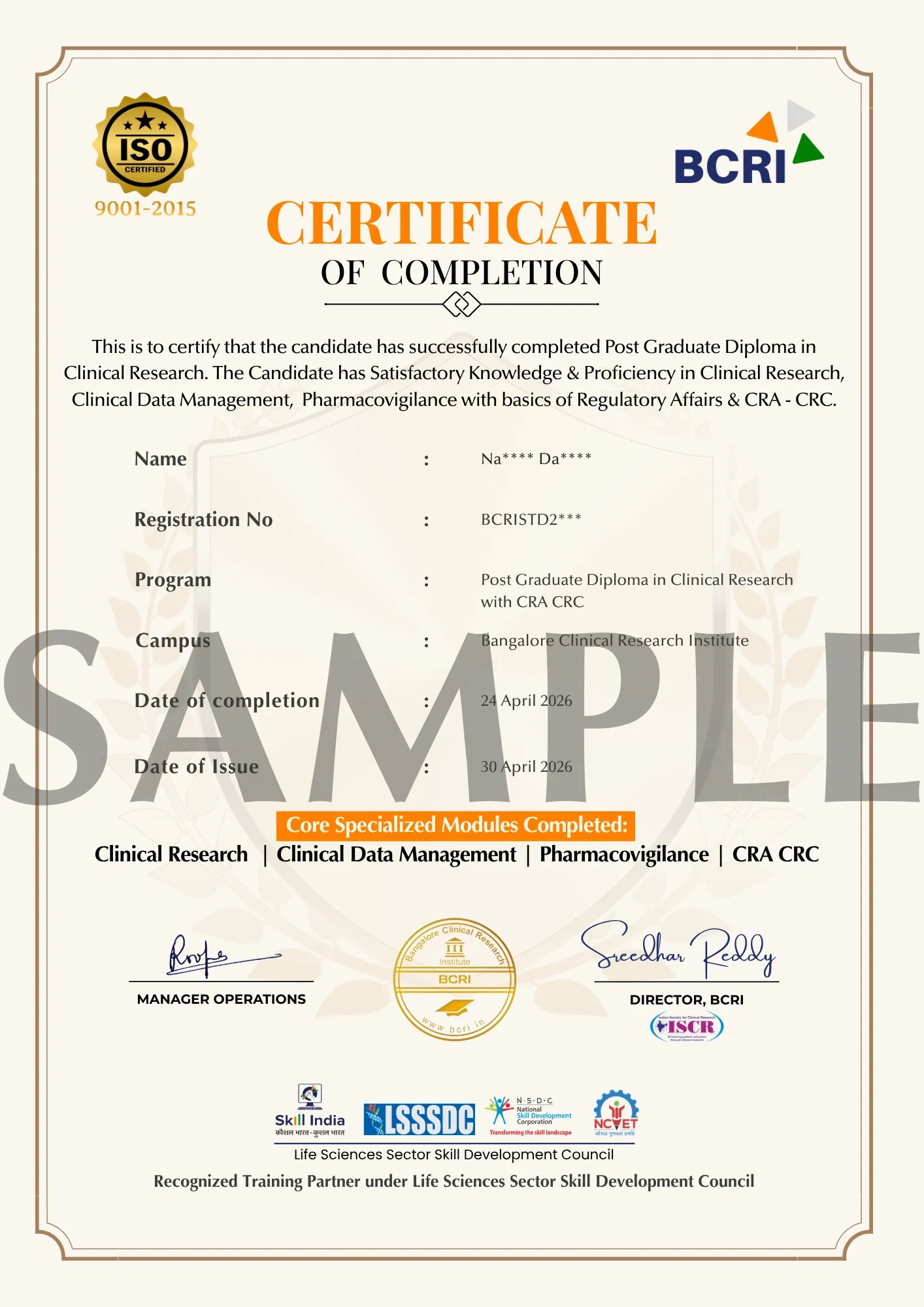 Sample BCRI Certificate of Completion — Post Graduate Diploma in Clinical Research with CRA CRC; modules Clinical Research, CDM, Pharmacovigilance and CRA CRC; ISO, Skill India, LSSSDC, NSDC and NCVET marks