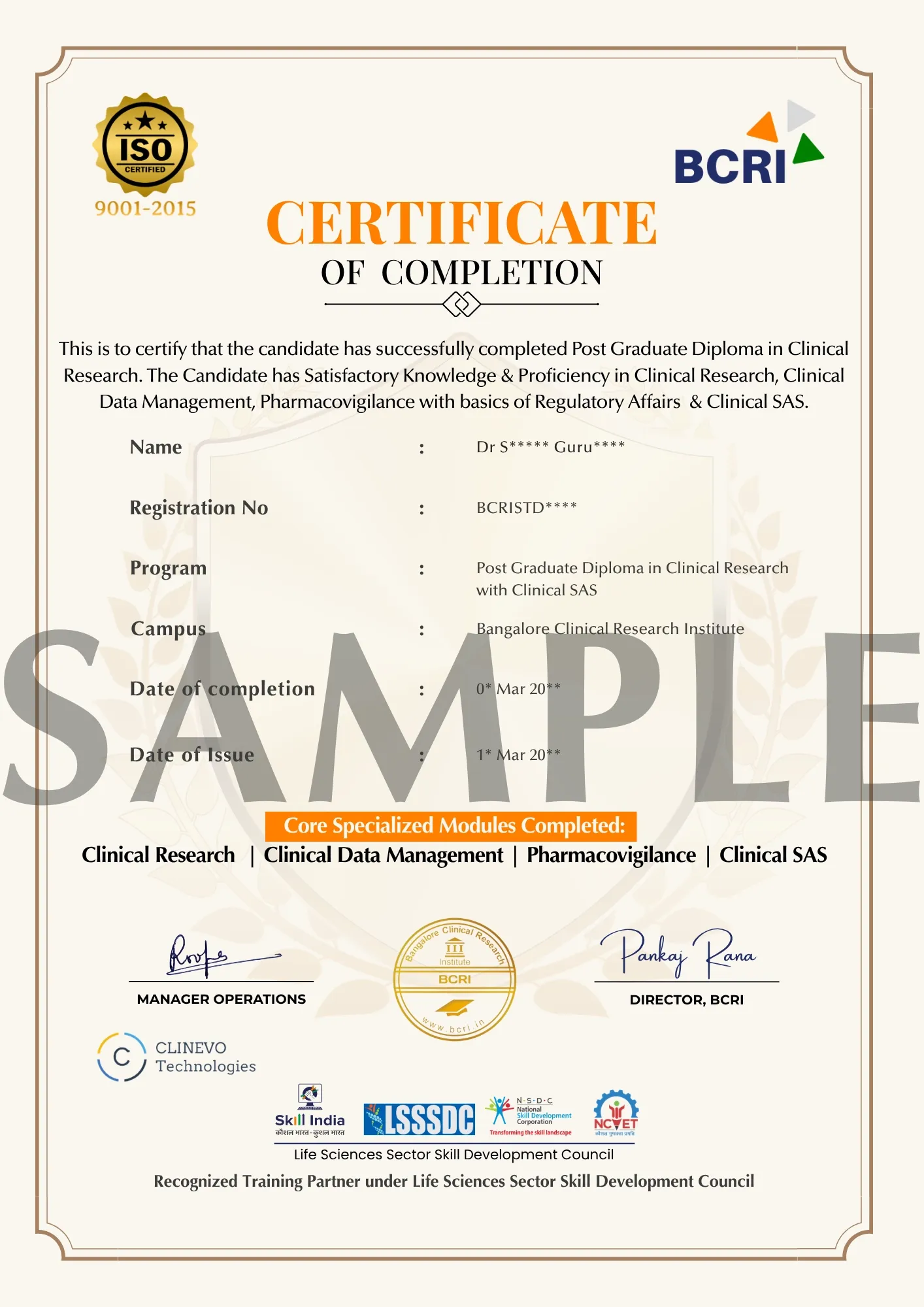 Sample BCRI Certificate of Completion — Post Graduate Diploma in Clinical Research with Clinical SAS; modules Clinical Research, CDM, Pharmacovigilance and Clinical SAS; Clinevo, Skill India, LSSSDC, NSDC and NCVET marks