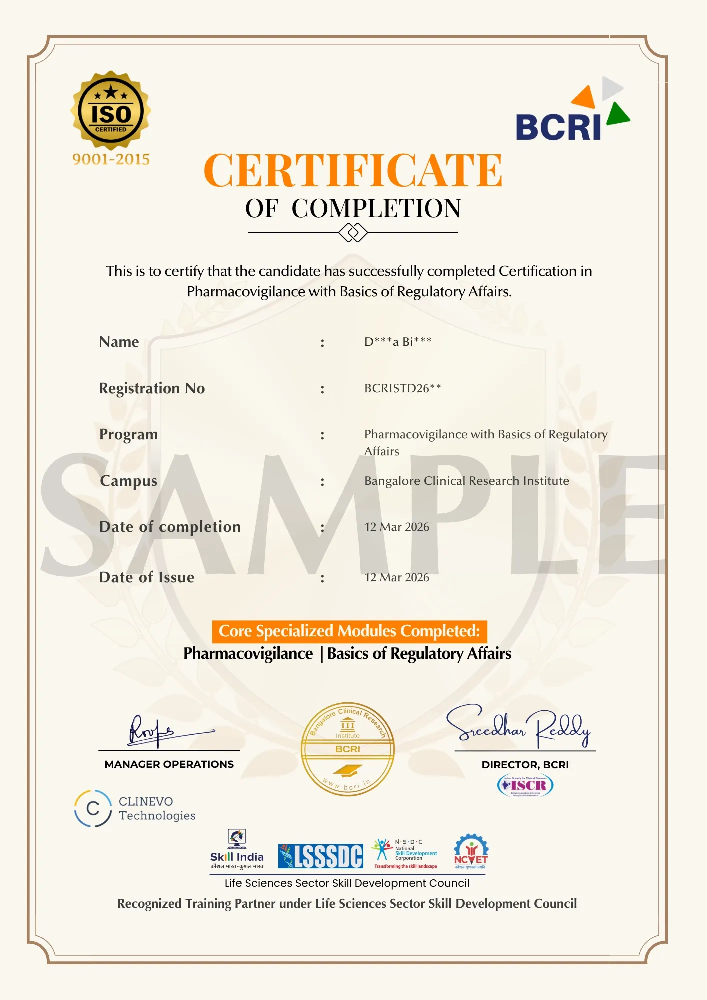 Sample BCRI Certificate of Completion — Certification in Pharmacovigilance with Basics of Regulatory Affairs, with Clinevo, Skill India, LSSSDC, NSDC and NCVET marks